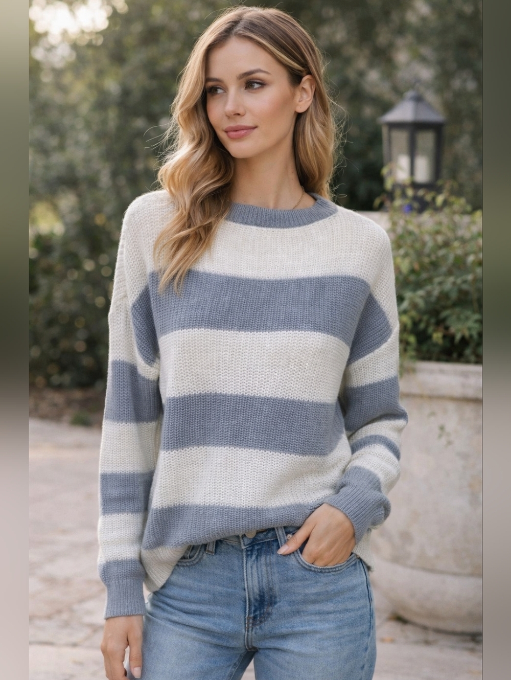 Shein Women’s Striped Knit Sweater Size Small Gray White Long Sleeve Pullover